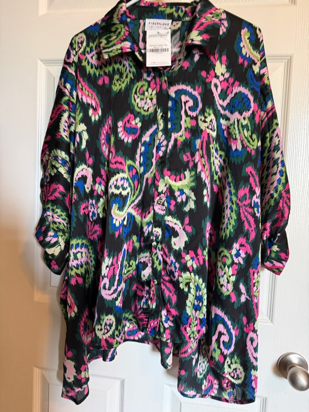 First Love Black Button-Front Blouse with Pink & Green Paisley Print